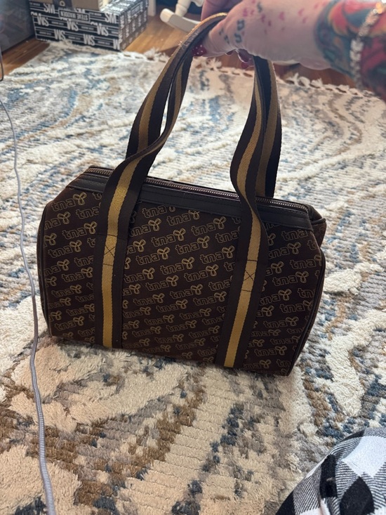TNA Handbags - TNA Brown Barrel Tote with Striped Mustard Handles